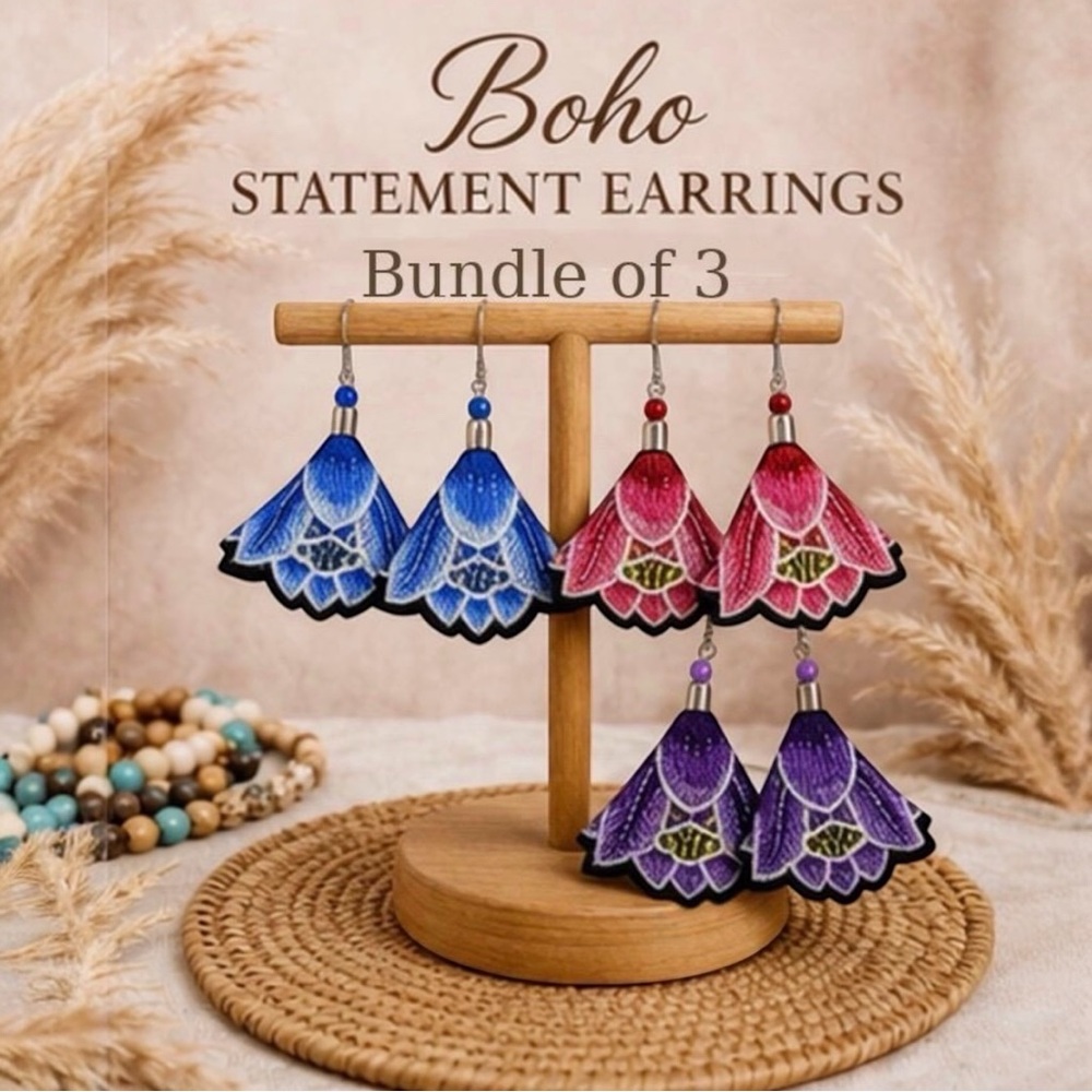 Boho Floral Dangle Statement Embroidered Fan Earrings Blue Pink Purple✨Set Of 3!